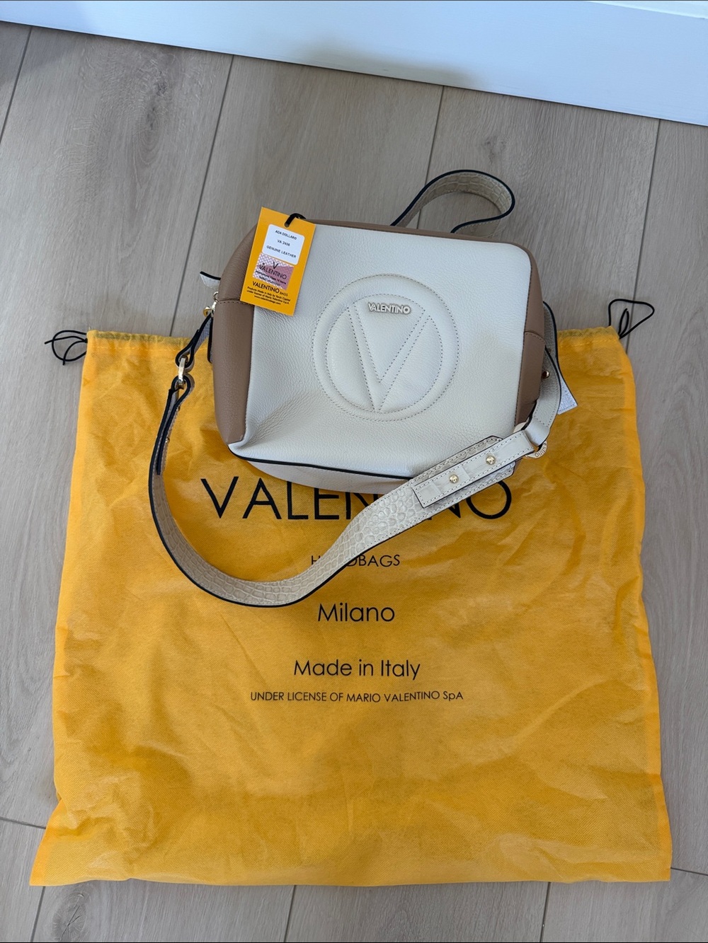 Valentino Cream and Brown Leather Crossbody with Embossed V Logo